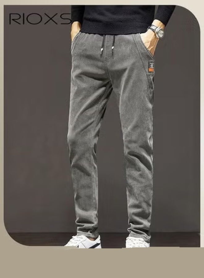 RIOXS Men's Denim Pants, Slim Fit Jeans With Tight Legs For Men, Casual Long Pants, Elastic Waist Jeans, Drawstring Denim Pants With 4 Pockets, Comfy Mid-Rise Trousers For Daily Wear Or Outdoor Activities, Stylish Jeans For Daddy Family Friends - Image 1